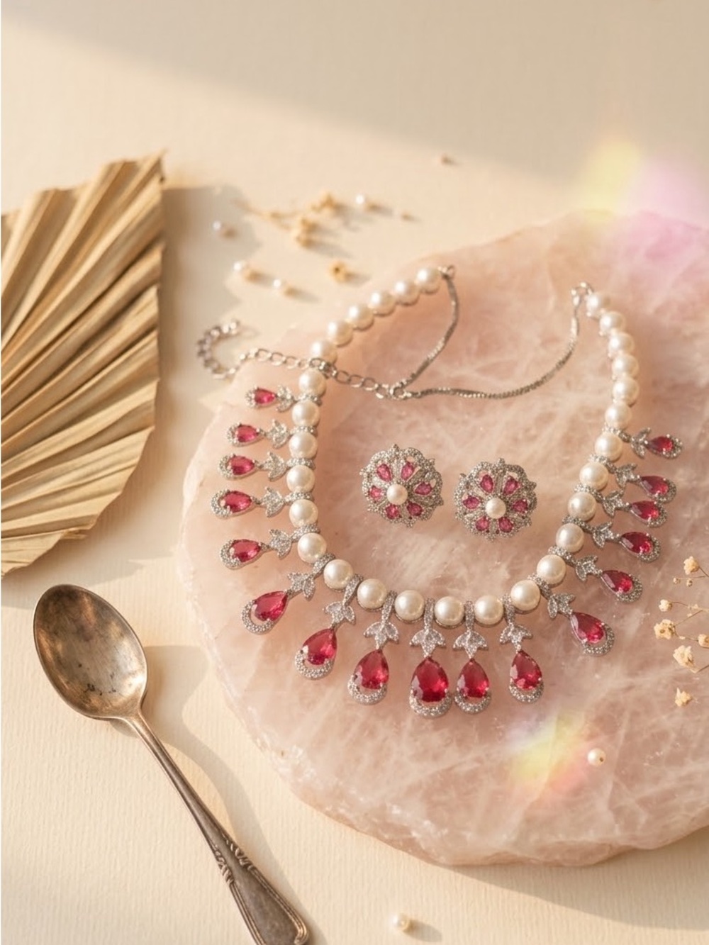 Pearl Necklace with Red Teardrop Crystal Accents